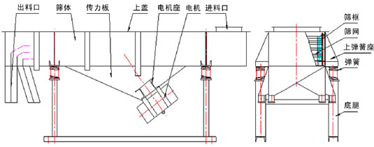 直線振動篩內(nèi)部結(jié)構(gòu)：出料口，篩體，傳力板，上蓋，電機(jī)座，電機(jī)，進(jìn)料口，篩框，篩網(wǎng)，上彈簧座，彈簧，底腿。