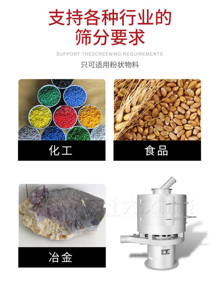 氣流篩用于礦粉，石墨粉，活性納米碳酸鈣，鋁灰，大豆粉，碳酸重鈣，石墨粉，木粉，干草，重金石粉，藥粉末，橡膠顆粒，草酸鹽，干料粉，木粉，聚酯粉，干粉，塑料，金屬粉末，橡膠粉，粉煤灰，石墨粉，陶瓷粉，鋅粉，石英粉，石灰粉，鐵粉，金屬硅粉等。