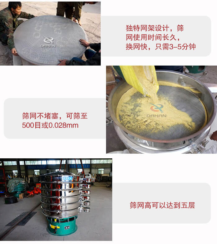 三次元振動篩的特點：篩網使用時間長換讓時間短，篩網不堵塞，可篩至500目或0.028mm。