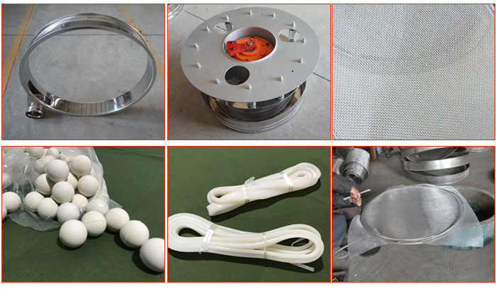 800型全不銹鋼振動(dòng)篩配件有：振動(dòng)篩篩框，電機(jī)，不銹鋼篩網(wǎng)等。