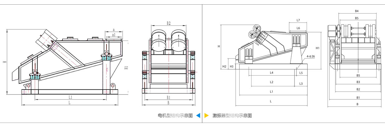 礦用振動篩電機振動式和激振器振動式的內部結構尺寸圖。