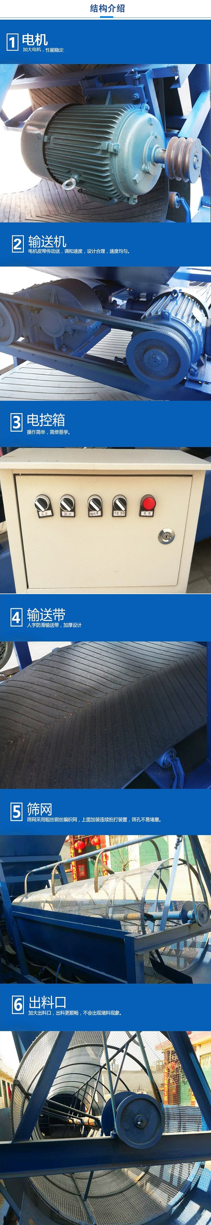 移動篩沙機(jī)結(jié)構(gòu):電機(jī)，加大電機(jī)，性能相對比較穩(wěn)定。輸送機(jī)：電機(jī)皮帶傳動送，調(diào)和速度，設(shè)計合理，速度均勻。電控箱：操作簡單，簡便易學(xué)。輸送帶：人字防滑輸送帶，加厚設(shè)計。篩網(wǎng)，采用粗絲鋼絲編織而成的篩網(wǎng)，上面加裝連續(xù)拍打裝置，篩孔不易堵塞。出料口：加大出料口，出料更順暢，不會出現(xiàn)堵料現(xiàn)象。