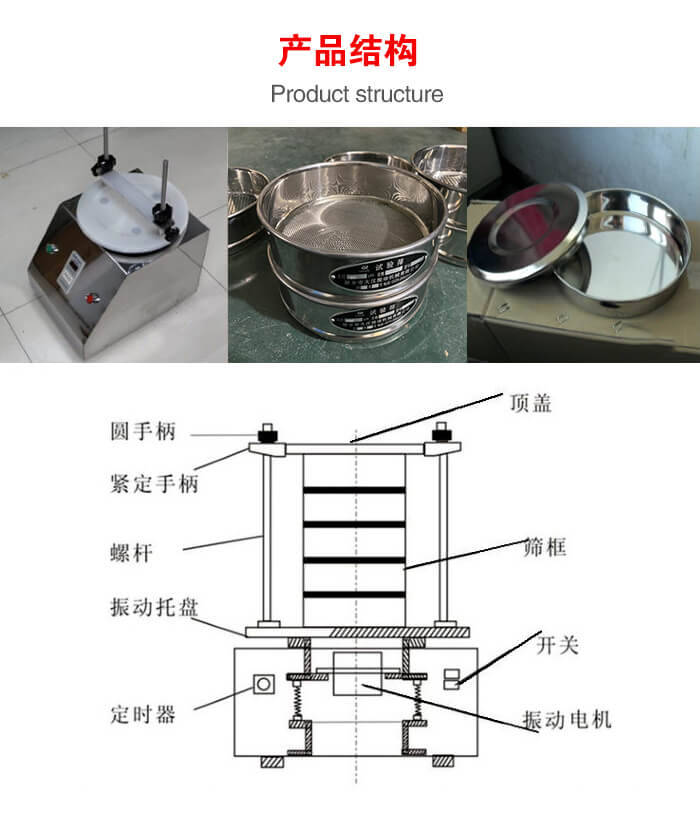 實驗室振動篩-試驗篩結構主要由：圓手柄，緊定手柄，螺桿，振動托盤，篩框，頂蓋等。