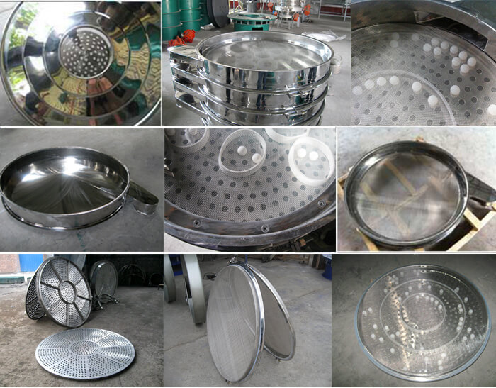 食品振動篩細節(jié)展示：防塵蓋，篩框，網架，底框等。